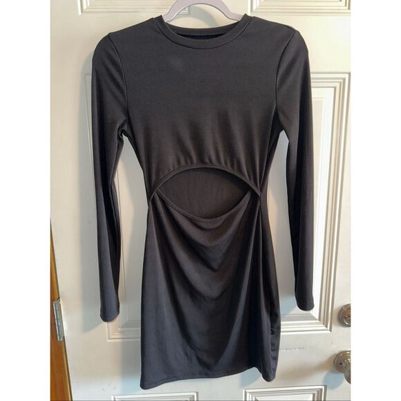 SHEIN SXY Cut Out Waist Ribbed Knit Bodycon Black Dress Women’s Size Small - Picture 1 of 8